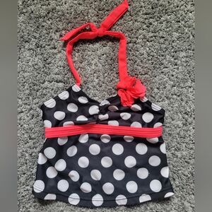 Black & White Polka Dot Halter Tankini Top with Bright Coral Accents